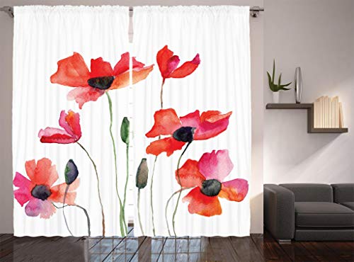 Ambesonne Watercolor Flower Curtains, Poppies Wildflowers Nature Meadow Painting with Watercolor Effect, Living Room Bedroom Window Drapes 2 Panel Set, 108" X 84", Orange Green