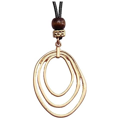 Popeoiuh Leather Cord Necklace 3 Circles Gold Alloy Pendant Necklaces Jewelry Simple Boho Long Sweater Necklace for Women Men Cover
