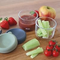 BEABA, 2er Set Glas-Portionsbehälter zur Aufbewahrung von Babynahrung/festes Glas, 100% luftdicht, hitzebeständig, kältebeständig, gefrierfest, sterilisierbar, graduiert, 150 ml, Salbeigrün/Mineral – Ansicht 2