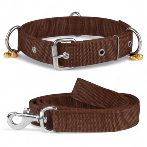 Image of Dog Neck Collar Belts and Leash for Medium Dogs, Dog Stylish Nylon Leash Belt with Bell - Beagle, Pug, Boxer, Shiba Inu, Tibetan Terrier, Indian Spitz (Medium, Brown)