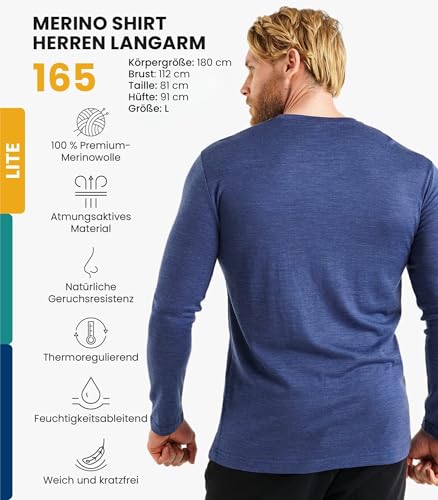 100% Merino Unterwäsche Herren - Merino Langarmshirt Herren Atmungsaktiv Und Feuchtigkeitsableitend + Wollsocken (165 Indigo Night, Large)