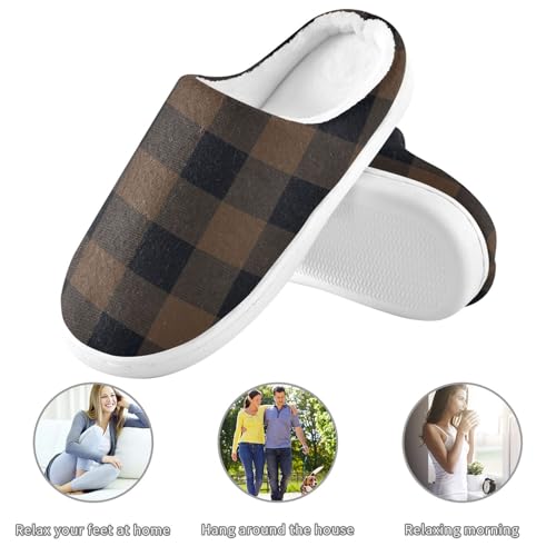 JUNZAN Brown Black Gingham Buffalo Plaid Women Home Cotton Slippers Breathable Memory Foam Travel Slippers for Indoor Christmas Presents 6-73
