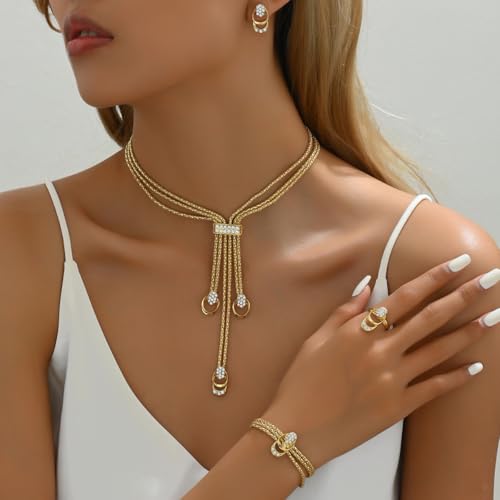 RELOVET Conjunto de joias com pingente de strass com cristais, colar, pulseira, anel, brincos dourad