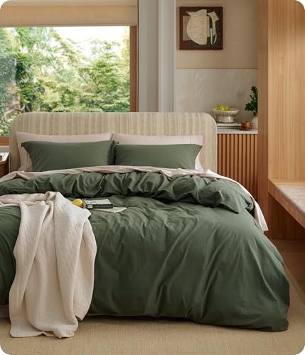 Image of Bedsure 100% Washed Cotton Duvet Cover Queen Size - Olive Green Minimalist Bedding Set Linen Like - PureWoven Plain Simple & Soft Comforter Cover for All Seasons (Olive Green, Queen, 90 inchx90 inch)