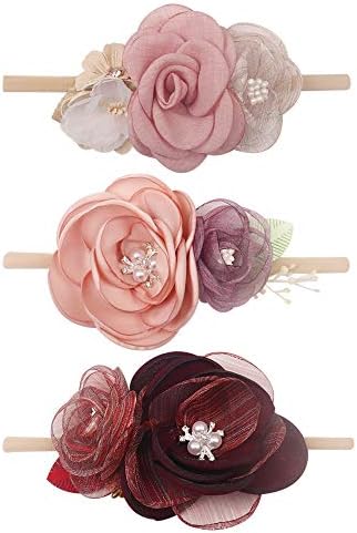 Baby Girl Nylon Headbands Infant Flower Elastic Hair Band Bows Wraps For Newborn Toddler Hair Accessories Pack of 3, Flower Td007, Medium