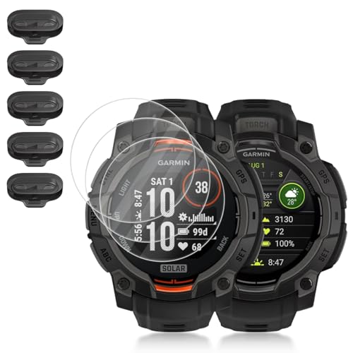 Orzero (5+5 Compatible for Garmin Instinct 3 Solar 45mm/AMOLED 45mm, 5 Pack Watch Screen Protector + 5 Pack Black Dust Plug, Tempered Glass Anti-Scratch TPU Charger Port Anti Dust Caps Cover