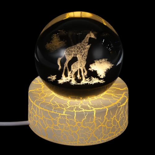 UKCOCO Figura de bola de cristal de jirafas 3D: bola de cristal de 2.36 pulgadas con soporte de luz LED cálida, adorno de escritorio para amantes de los animales
