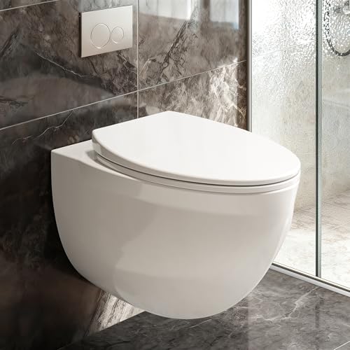 MIJIC Wall Hung Toilet Tankless Wall Mounted Toilet with Soft Closing Seat Power Flush White Boat Shape