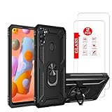 for Samsung Galaxy A11 Case with [2 Pack] Tempered Glass Screen Protector, for Galaxy A11 Heavy Duty Armor [Military-Grade] Protective，with Magnetic Kickstand for Samsung A11 Phone Case Black