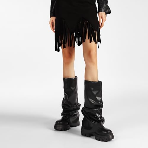 Platform Heel Slouch Boots for Women Casual Heeled Metallic Mid Calf Boots Wide Calf Fold Over Boots3