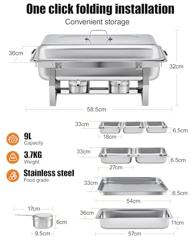 WENMILY Chafing Dish Buffet Set 9L[Robust und hochwertig],6pcs Edelstahl Warmhaltebehälter[Rollrand-Design],Speisenwärmer für Catering Buffet und Party (Quadrat Silber - 6er Sets 2×1+2×1/2+3×1/3GN)