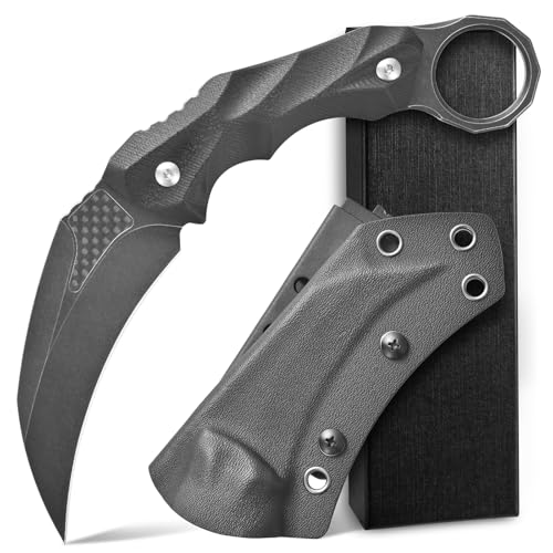Ccanku C1692 Carbon Fiber Fixed Blade Knife,D2 Steel G10 Handle 4 Inches Camping EDC Tools Survival Claw Teeth Knife with Kydex Sheaths(Black) … …