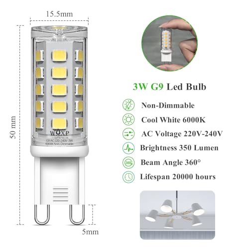G9 LED Bulbs Cool White 3W, 6000K, Equivalent 30W G9 Halogen Light Bulbs, Non-Flickering, Non-Dimmable, 6 Pack