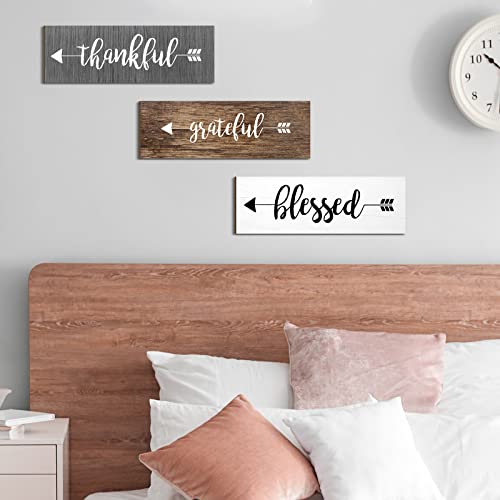 3 Pieces Thankful Grateful Blessed Wooden Signs Hanging Wall Signs Rustic Wall Art Decor Welcome Plaque Sign For Farmhouse Outdoor Decor (Gray, Brown, White) #TOP4