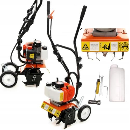 motozappa a scoppio 52cc 7 cv, larghezza di lavoro 340 mm, profondità 130 mm, motocotivatore per giardino, orto e preparazione del terreno con zappette acciaio