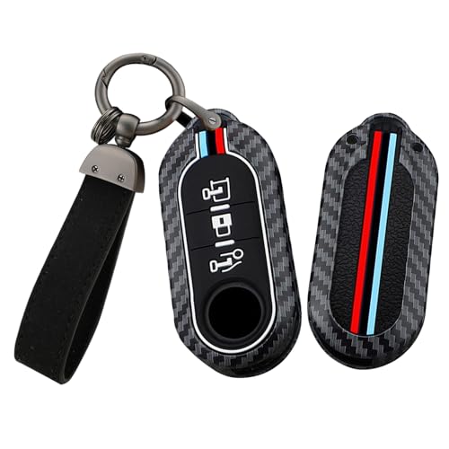 Coque de clé Fiat 500 et 500X en silicone effet carbone à 3 boutons avec porte-clés