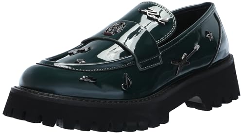 KARL LAGERFELD Paris Womens Avah Studded Faux Patent Leather Loafers, Forest Green, 8