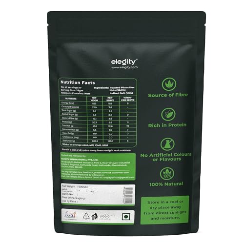 Image of Elegity California Salted Pistachio 500 gm | Namkeen Pista Dry Fruit | Crunchy, Tasty & Healthy | Rich in Fibre & Protein | No Added Preservatives & Colour in Nutritious Nuts