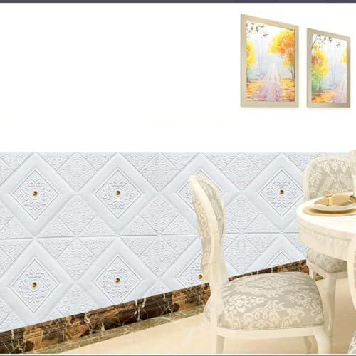 Image of 3D White Brick Wallpaper with Golden Tikdi Self Adhesive PE Foam Wall Sticker for Home Living Room Bedroom Kitchen Hotel DIY Wall Decor ((25, White with Goldan Round Wallpaper)