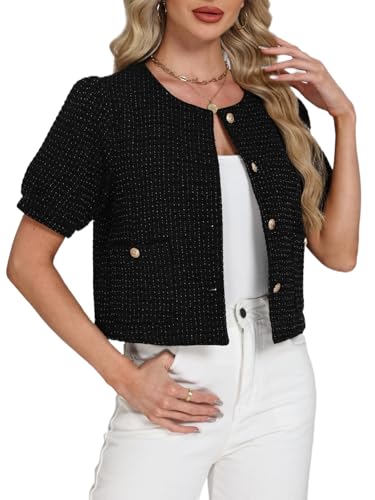 Women's Tweed Blazers Jackets Cropped Puff Short Sleeve Collarless Work Suits Coat with Pockets2