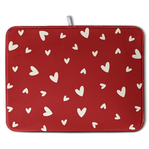 Wnoesat Valentine's Day Love Heart Dish Drying Mat for Kitchen Counter 18x24 Inch Valentine Theme Dish Mats Absorbent Microfiber Dish Draining Mat Reusable Washable Dish Drainer Rack Pad