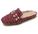 SAILING LU Womens Traveltime Mules Pearls Slip on Clogs Summer Retro Plaid Slides Flat Slippers Red