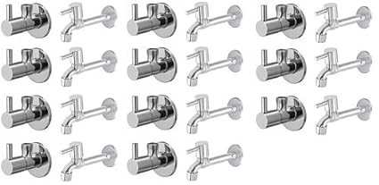 Spazio Stainless Steel Turbo Angle Valve With Long Body Combo Pack Foam Flow Water Taps With Wall Flange (Pack of 11) (Chrome Plated, Brass Disc)