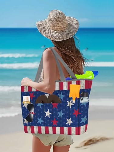 Mesh Beach Bag Oversized Tote Bags for Women Blue Stars Independence Day Red Stripe Vintage Wood Grain Large Travel Bags3