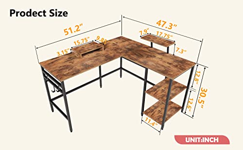 Wildhome 51" L Shaped Desk & Long Desk,Corner Gaming Desk With Monitor Stand, Home Office Workstation Table,2 Person Computer Table,Home Office Desks With 3 Headphone Hook (Vintage Oak Finish) #TOP2