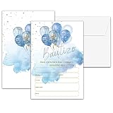 Blue Balloons Baptism Invitations, Watercolor Bautizo Invitation in Spanish, First Holy Communion Religious Party, Double-Sided Baby Shower Fill In Invites, 25 Invitation Cards With 25 Envelopes(E01)