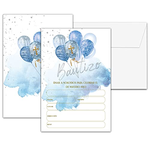 Blue Balloons Bautizo Invitations