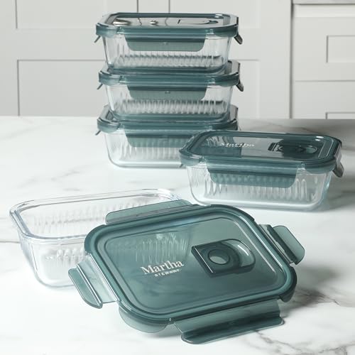 Image of Martha Stewart Shadowbrook 5-Piece Borosilicate Glass Storage Container Set - Airtight Locking Lids, 21.6 oz Meal Prep, Leftover & Lunch Containers, Microwave, Oven & Dishwasher Safe