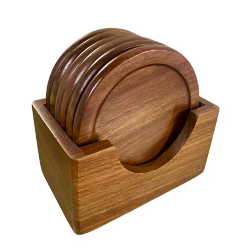 Opiniones de Posavasos los preferidos por los clientes. 49 Posavasos para bebidas, mesa de centro, juego de 6 posavasos de madera de 3.5 pulgadas, antideslizantes, redondas, de madera con soporte para bar y fiesta