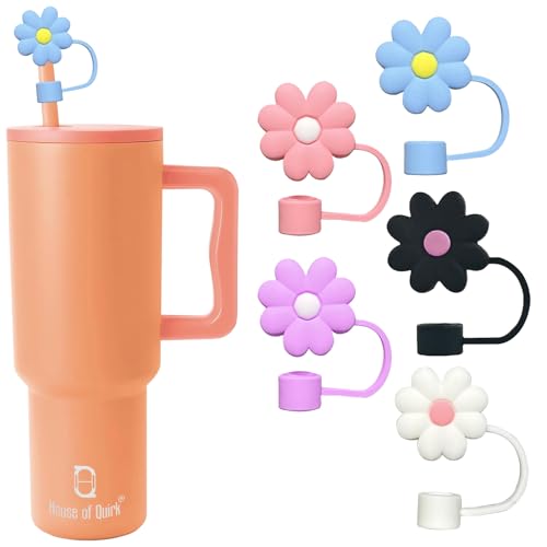 Image of House of Quirk 5PCS Silicone Straw Covers Cap Compatible with Stanley 10mm Cute Flower Straw Toppers for Tumblers, Dust-Proof Drinking Straw Caps for Reusable Straws Tips Lids (Multicolor)
