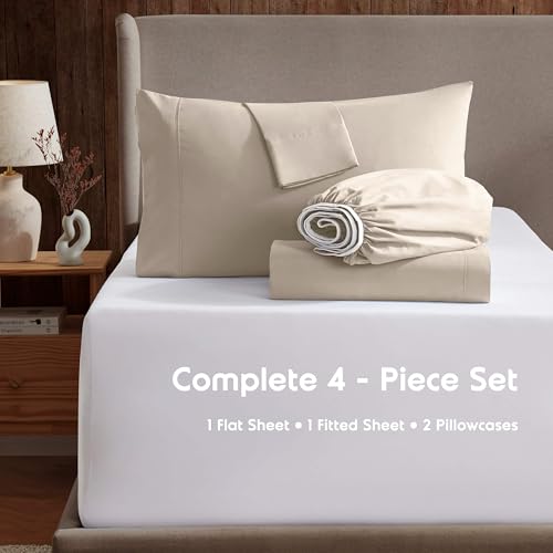 Image of Nestl King Bed Sheet Set - Beige Cream - 4-Piece Deep Pocket | Instantly Soft, Night-One Ready (No Wash Required). Fits 16-Inch Deep Pockets, 360-Degree Elastic Grip