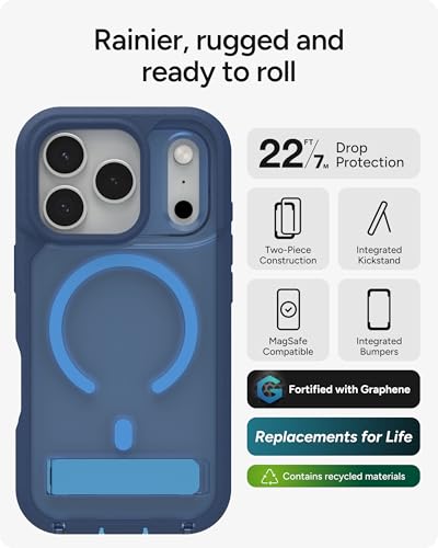 Image of ZAGG Rainier Case with Kickstand for iPhone 17 Pro - Blue Cobalt Horizon, Graphene 22ft (7m) Drop Protection, Lanyard Attach Points, MagSafe, Wireless Charging Compatible, 2-Piece Design, Phone Case