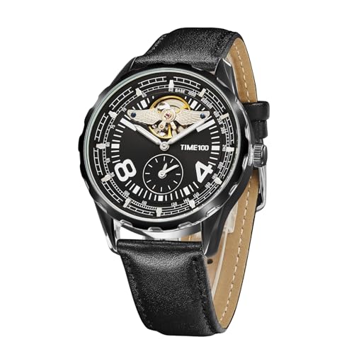 TIME100 Reloj Automático Mecánico Hombre, Reloj Piloto Esqueleto Open Heart, Movimiento Automático sin Batería, Agujas Luminosas, Impermeable, Correa de Piel, Diseño Angel Wing Elegante Business TIME100 Reloj Automático Mecánico Hombre, Reloj Piloto Esqueleto Open Heart, Movimiento Automático sin Batería, Agujas Luminosas, Impermeable, Correa de Piel, Diseño Angel Wing Elegante Business