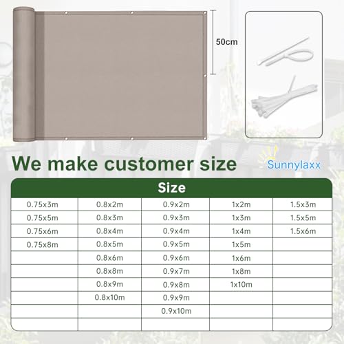 Image of Sunnylaxx Balcony Privacy Screen for Protection 80 x 400 cm, Privacy Screen, Privacy Screen for Balcony and PES for Balcony Garden Terrace, with Eyelets and Strap, Taupe