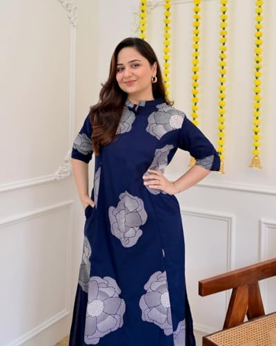 Image of ANNI Designer Women Viscose Blend Straight Fit Printed Kurta Palazzo Set | Mandarin Neck Outfit | Lightweight Breathable Fabric | Comfortable Elegant Styling for Office Casual Wear