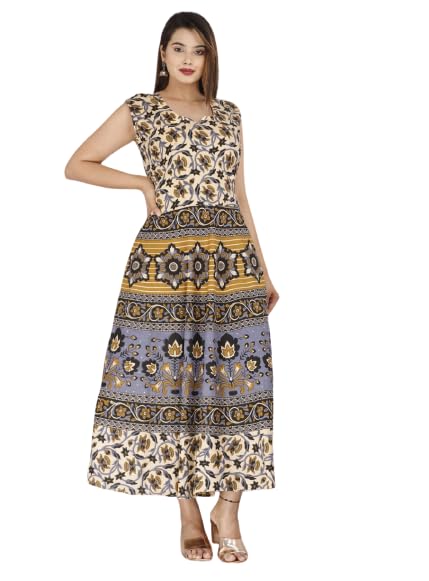 Arihant Collection Women's Printed Anarkali Kurta Cotton Rajasthani Jaipuri Traditional Floral Printed Long Midi Maxi Dress Grey-image-40
