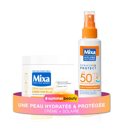 Duo Soins Corps Pour l'Été – Mixa – Crème Éclat Niacinamide Anti-Taches & Lisse + Spray Solaire Enfants SPF50+ Dermo Kids – Peaux Sensibles