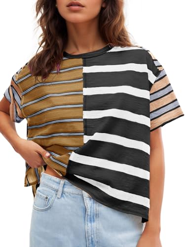 Tankaneo Womens Summer Striped Shirts Casual Color Block Short Sleeve Tops Loose Fit Crew Neck Tees
