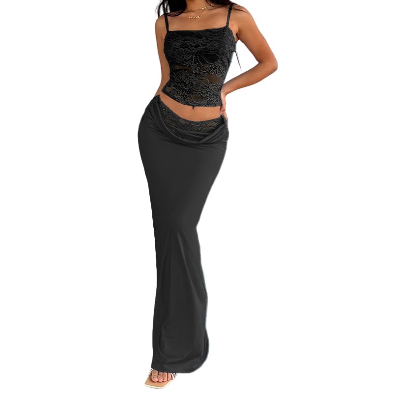 Image of Women's Lace Bustier Spaghetti Strap Sleeveless Ruched Bodycon Dress Set Elegant Crop Top and Maxi Dress