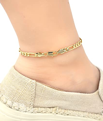 Ba Unique Fashion Anklet For Women, Girls In 9",10",11",12" Sizes Gold Electroplated Figaro, Cuban, Mariner, Herringbone Ankle Bracelet - Made In Korea (12, Concave Figaro Chain) #TOP3
