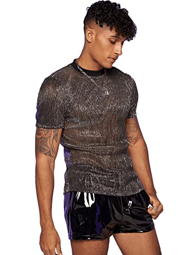 GORGLITTER Herr transparent Netsztoff T-shirt klubb partyskjortor kortärmade nättoppar med glitter, GRÅ, S