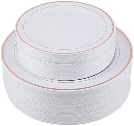 PURUDA 120 PCS / 60 Christmas Plates, Plates for Wedding, Rose Gold Plates Disposable, Rose Gold Party Plates, Rose Gold Rimmed, Rose Gold Dinnerware, 60 Dinner and 60 Salad Plates