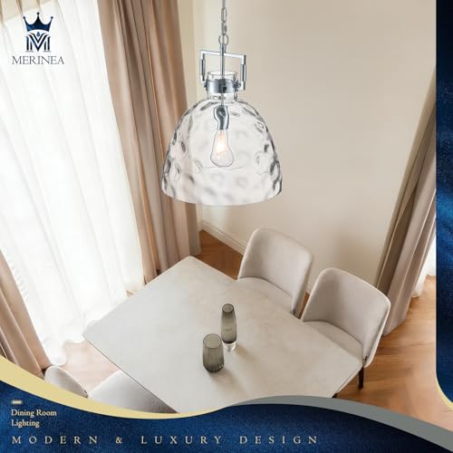 Image of 13.8 inch Chrome Glass Pendant Light, Hammered Clear Glass, E26 Light | 13.8 inch chrome hammered glass pendant light with adjustable chain and E26 socket for kitchen islands and dining rooms