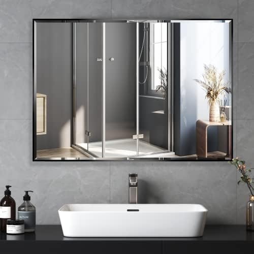 LEDLUX 24x36 Inch Black Mirror with Beveled Trim, Aluminum Frame Bathroom Vanity Mirror, Rectangle Wall Mounted Mirror, Modern Rectangular Mirror Horizontal or Vertical