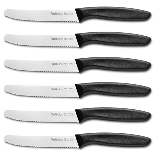 Ruffulon Tomato Knife Set of 6,Serrated Kitchen Knives,Sharp Blade Classic Utility Knife,Stainless Steel Wavy Edge Tomato Knives&Table Knives,Black Plastic Handle Dinner Knifes,Dishwasher Safe