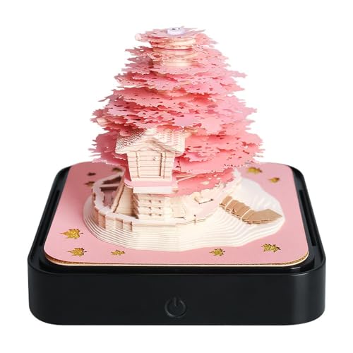 taefyiasz カレンダー メモ帳、3D 美しい桜の木 メモ帳、ライト付き卓上 ,キノコハウス/花園清水寺/パノラマツリー ピンク/地球/マッシュルーム レッドの形 クリエイティブ デスク DIY 紙彫刻,アート クラフト デスクトップ 家の彫刻 ギフ